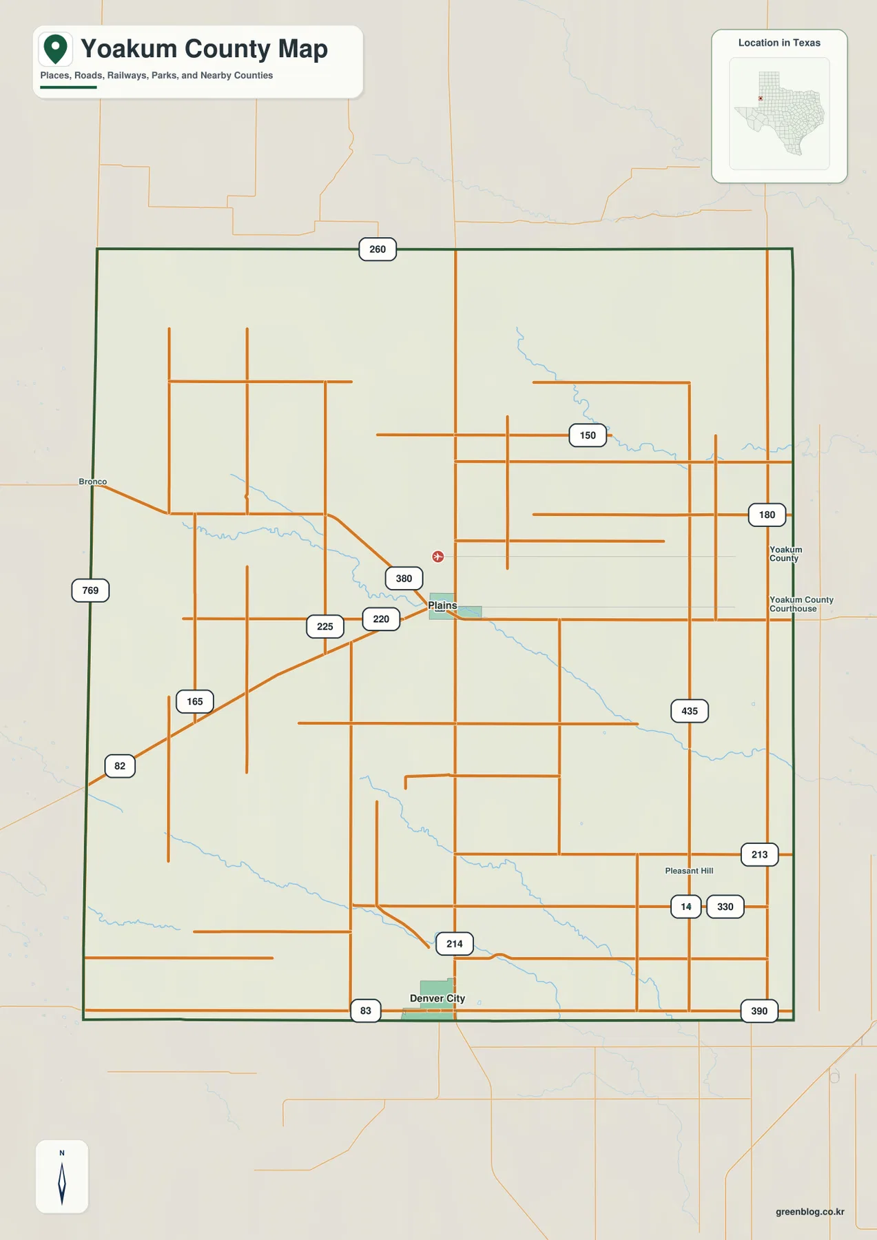 텍사스주 요컴 카운티 지도에 표시된 Plains, Denver City와 214번, 380번, 82번을 비롯한 주요 도로
