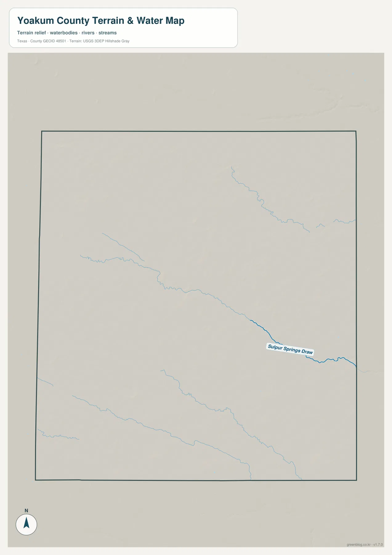 Yoakum County 수역 지도에 표시된 Sulphur Springs Draw와 이름 없는 소수의 물길