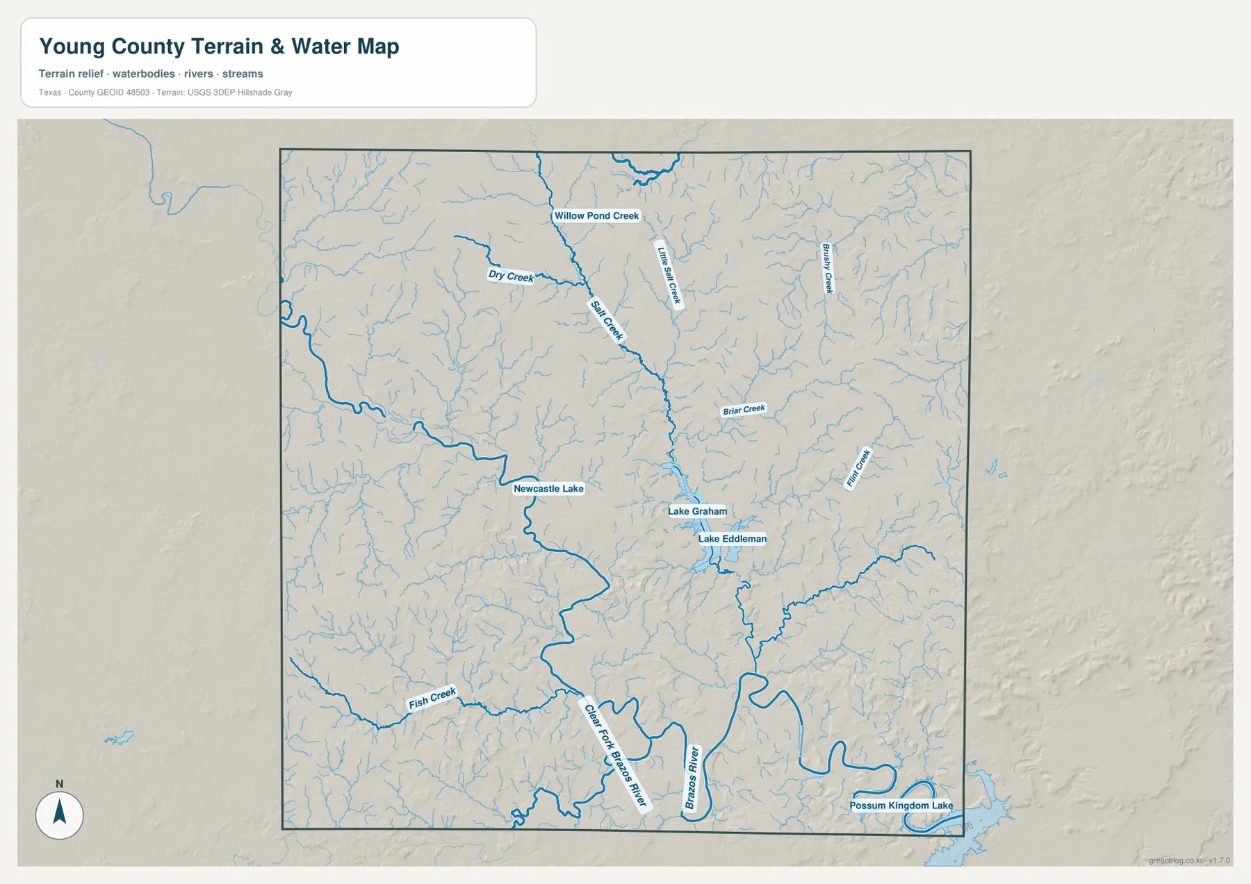 Young County 수역 지도에 Brazos River, Clear Fork Brazos River, Lake Graham, Lake Eddleman과 주요 creeks가 표시된 모습
