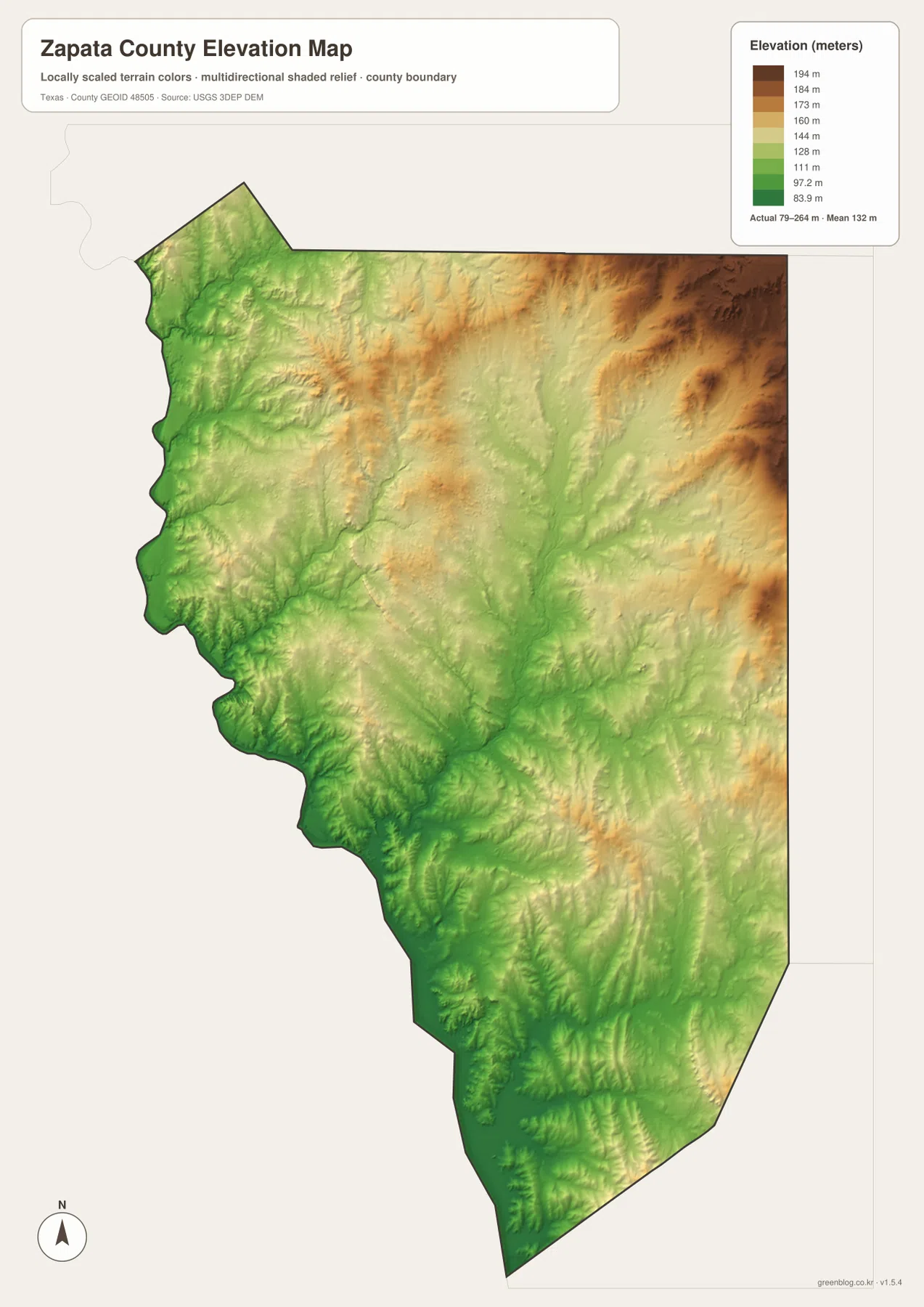 Zapata County elevation map showing approximately 79 to 264 meters, lower terrain near Falcon Reservoir, and higher eastern and northeastern uplands