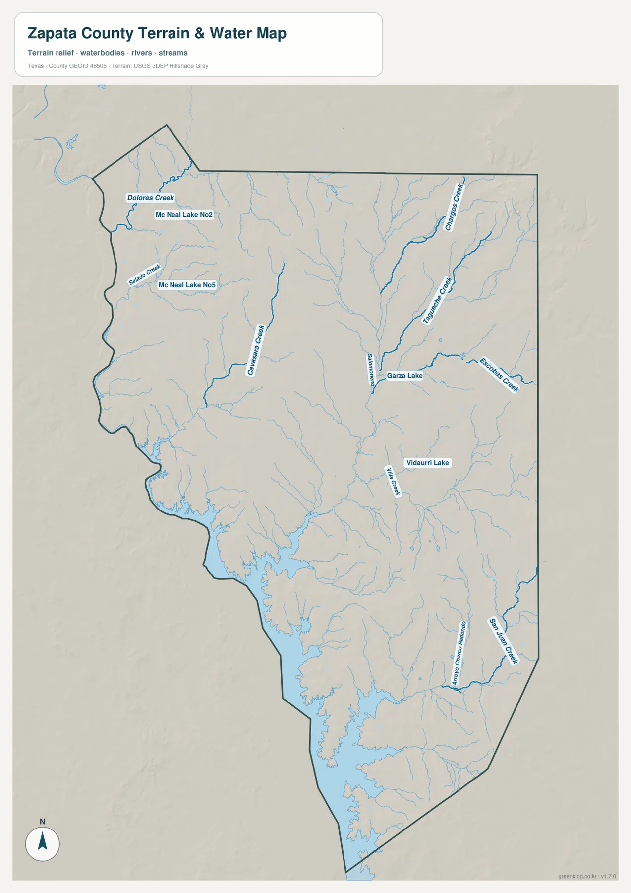 Zapata County terrain and water map showing Falcon International Reservoir, Dolores Creek, Salado Creek, Garza Lake, Vidaurri Lake, Willow Creek, Escobas Creek, and San Juan Creek