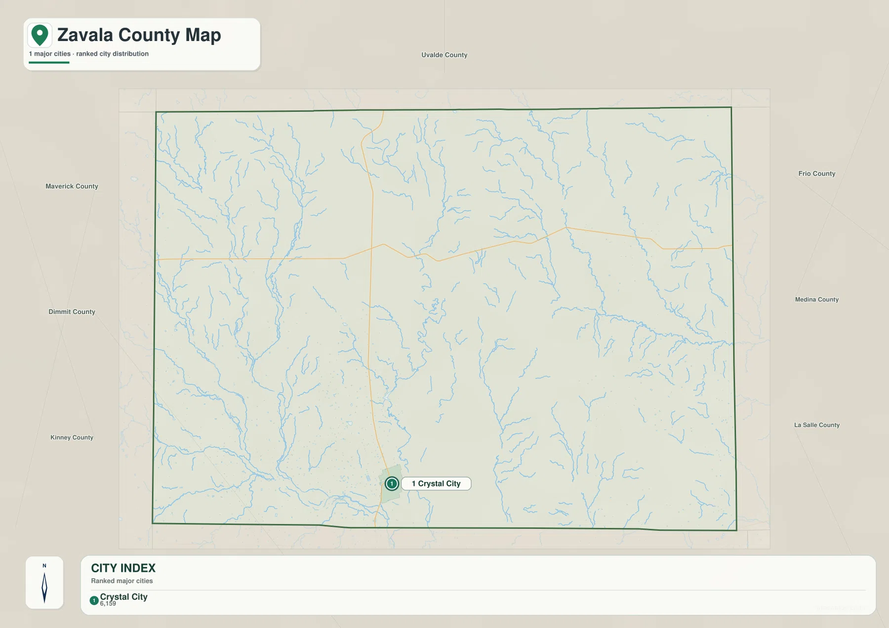 Zavala County city map highlighting Crystal City and surrounding counties in Southwest Texas