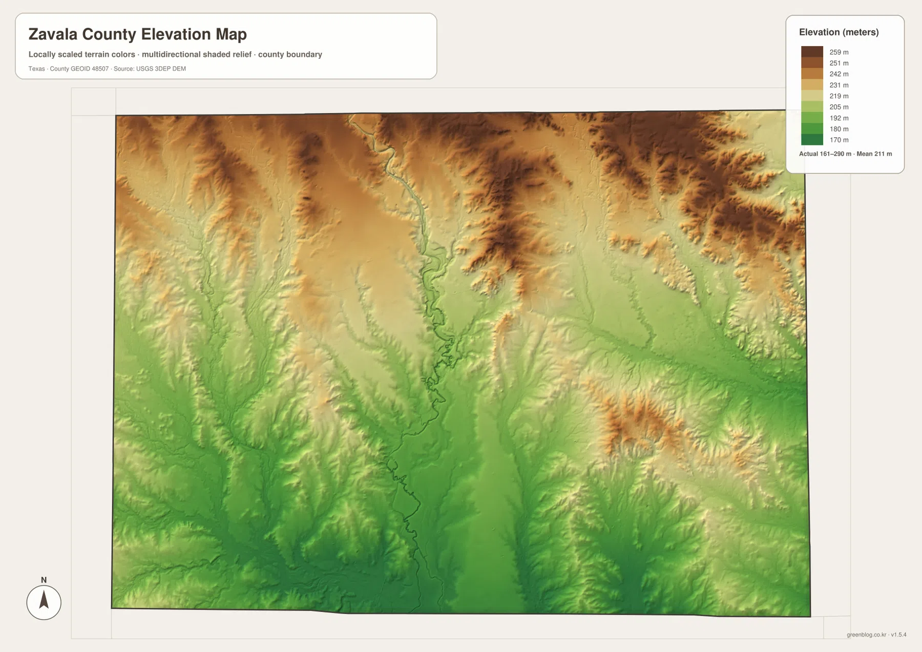 Zavala County elevation map showing lower river valleys and higher terrain toward the north and northeast