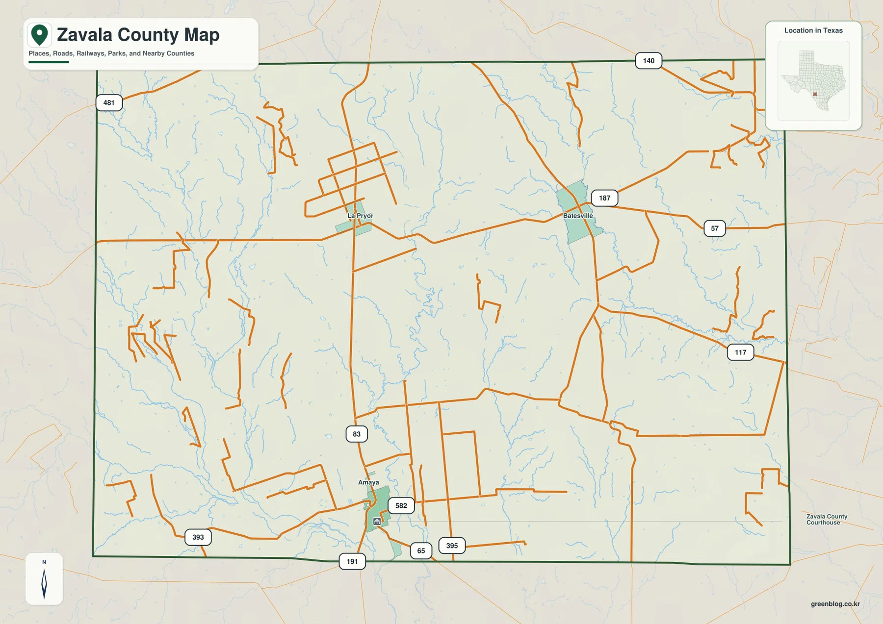 Zavala County map showing Crystal City, La Pryor, Batesville, roads, waterways, and the county boundary