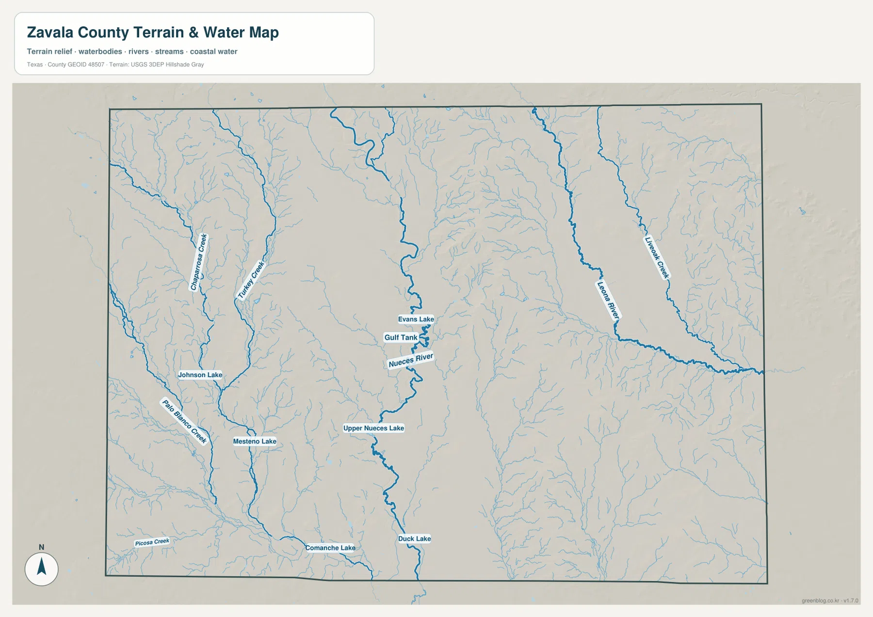 Zavala County terrain and water map showing the Nueces River, Leona River, creeks, lakes, and tributaries