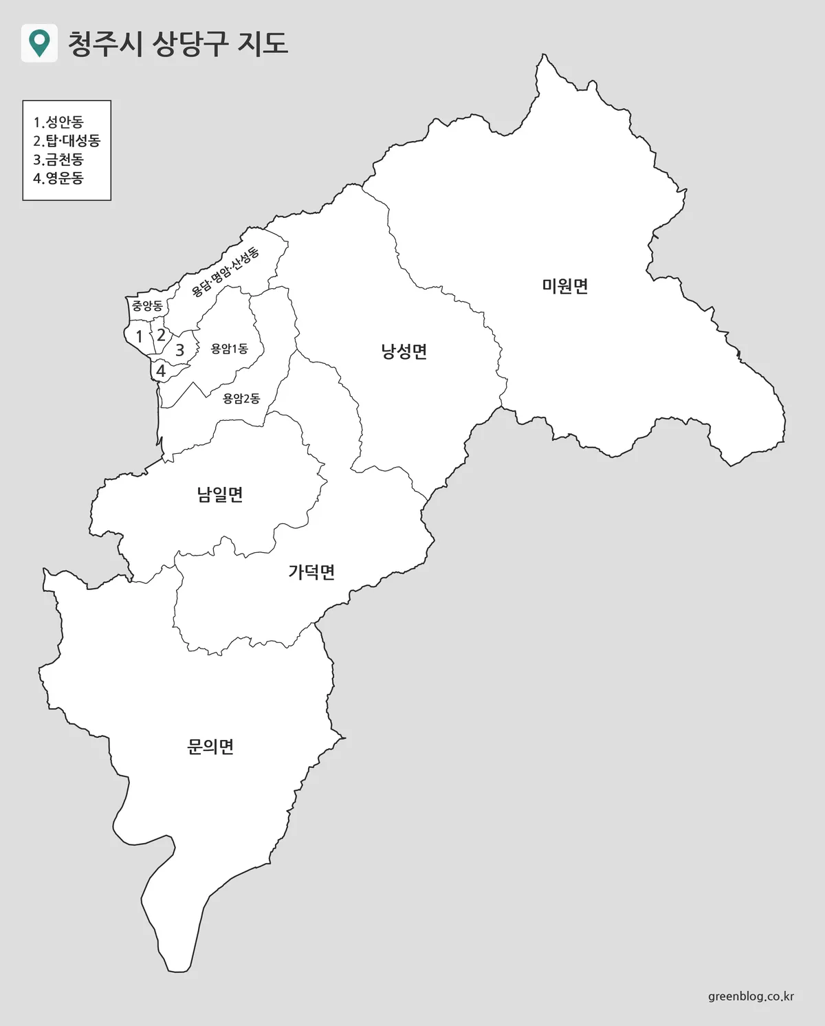 지명과 경계를 함께 보여주는 청주시 상당구 기본 지도