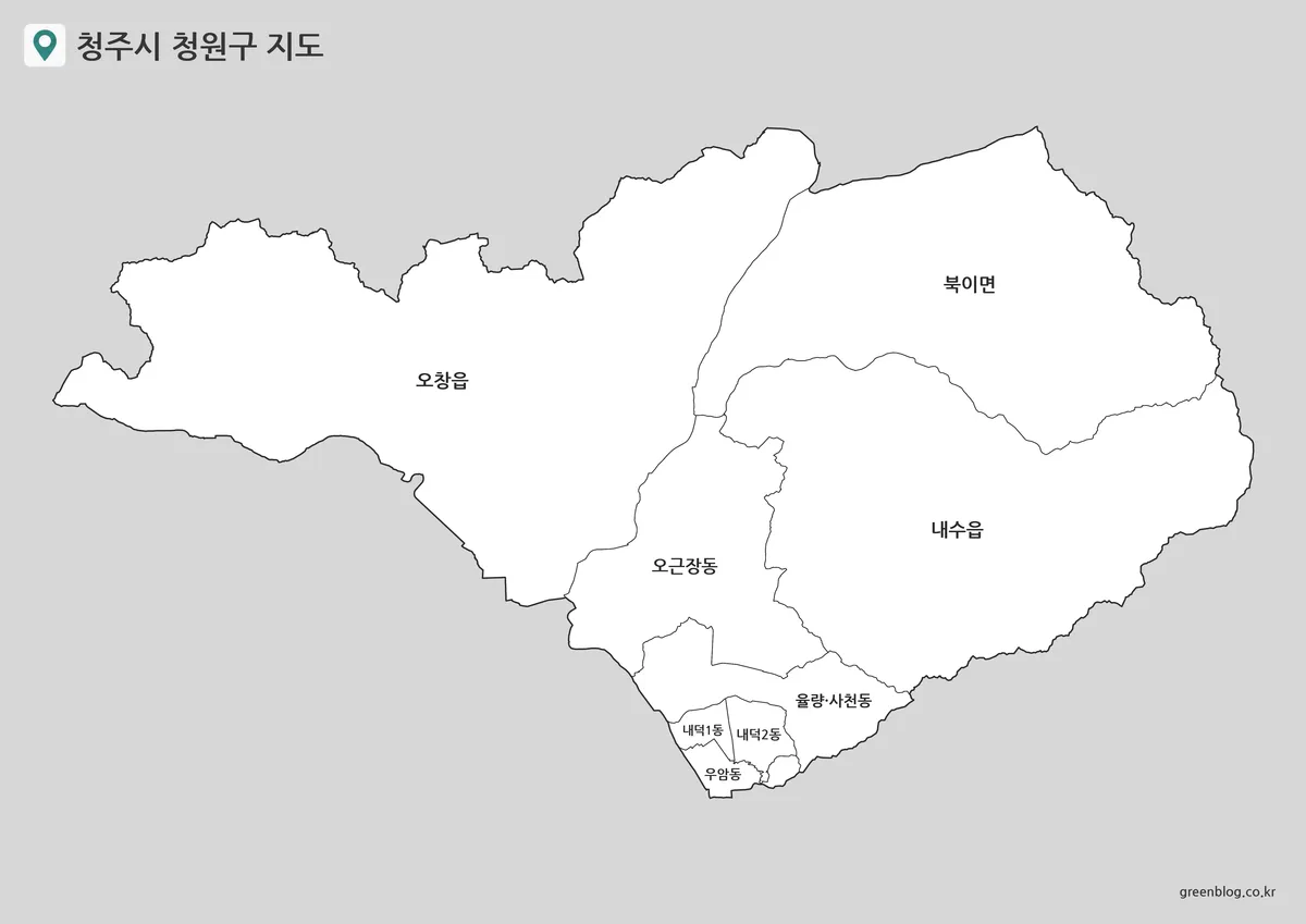 청주시 청원구 지도 기본 버전으로 읍면동 지명과 행정구역 경계를 표시한 모습