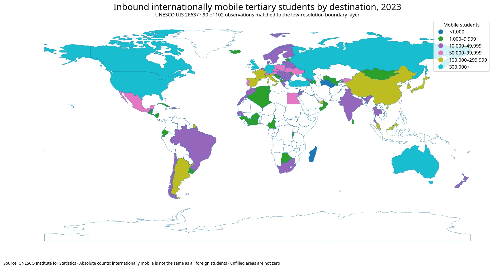 World map of inbound internationally mobile tertiary students by destination in 2023