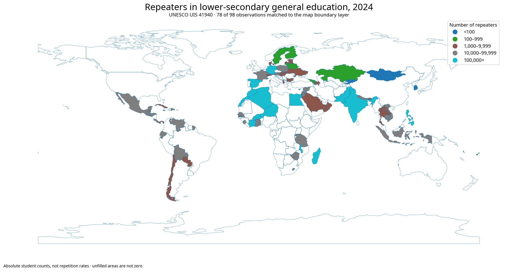 World map of the number of repeaters in lower-secondary general education in 2024