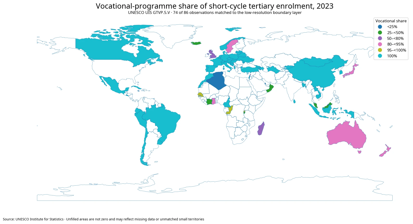 World map of the vocational-programme share of short-cycle tertiary enrolment in 2023