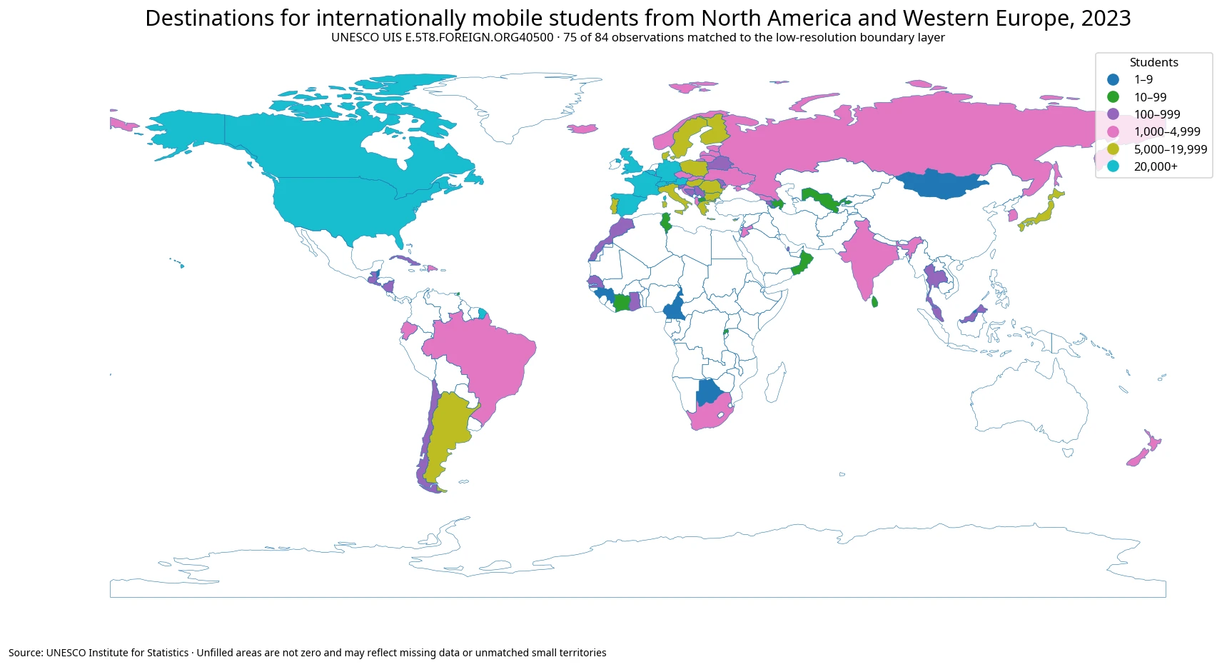 World map of destinations for internationally mobile students from North America and Western Europe in 2023