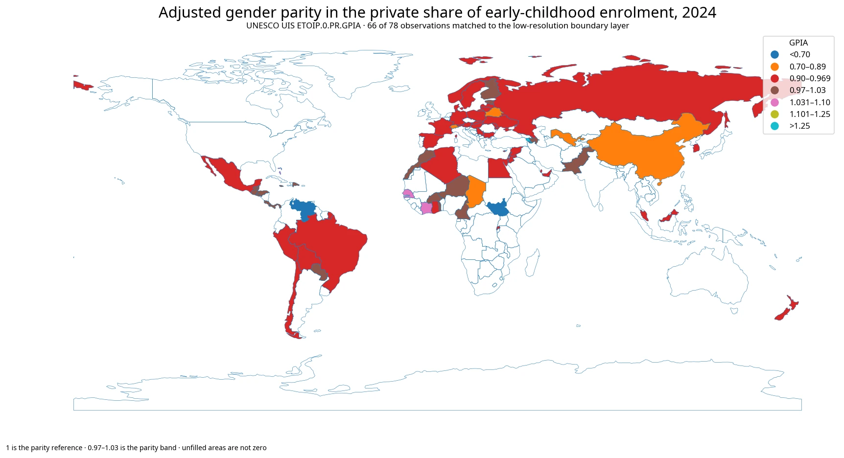 World map of adjusted gender parity in the private-institution share of early-childhood enrolment in 2024