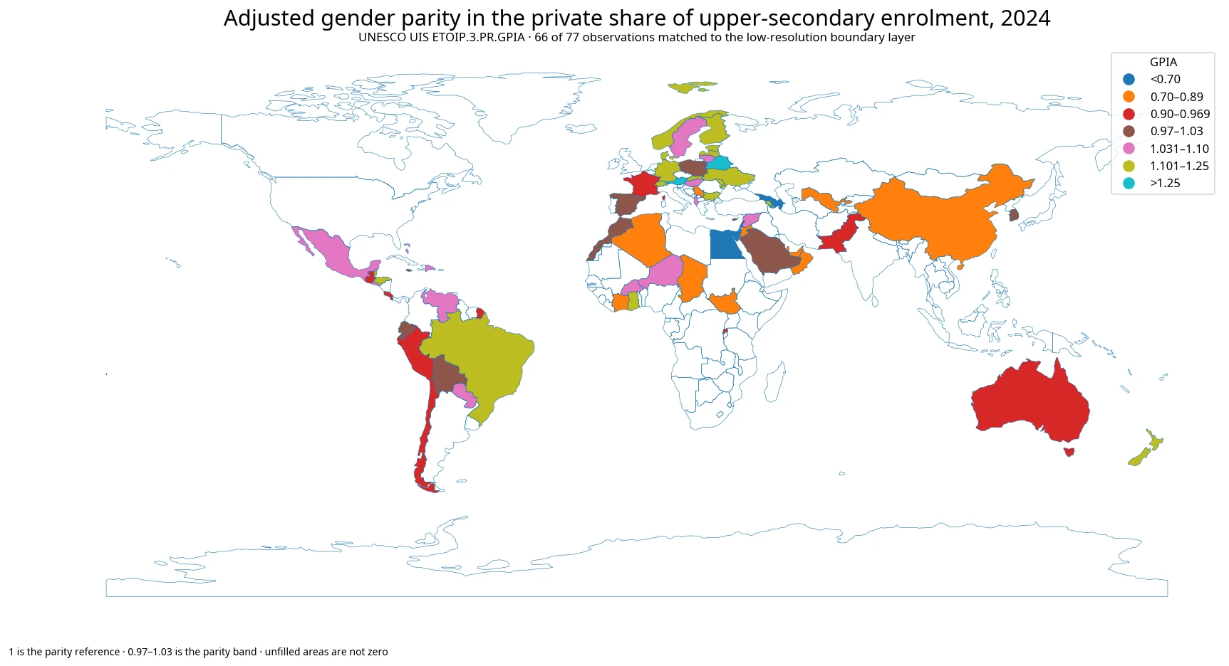 World map of adjusted gender parity in the private-institution share of upper-secondary enrolment in 2024