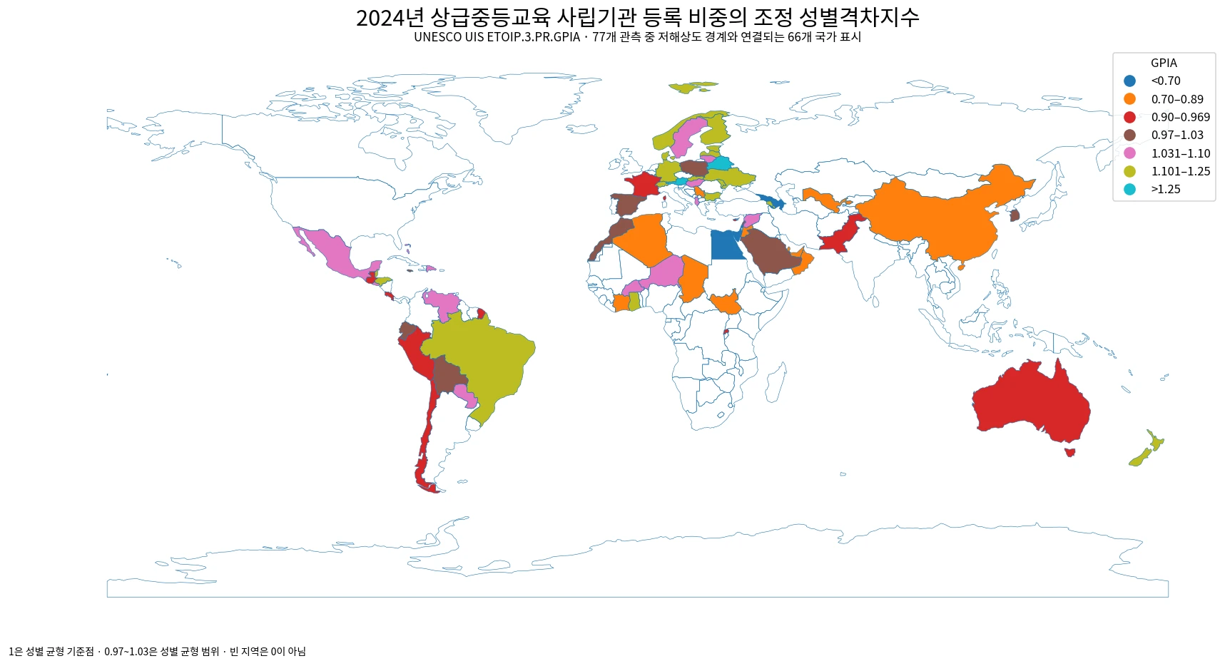 2024년 상급중등교육 사립기관 등록 비중의 조정 성별격차지수 세계 지도