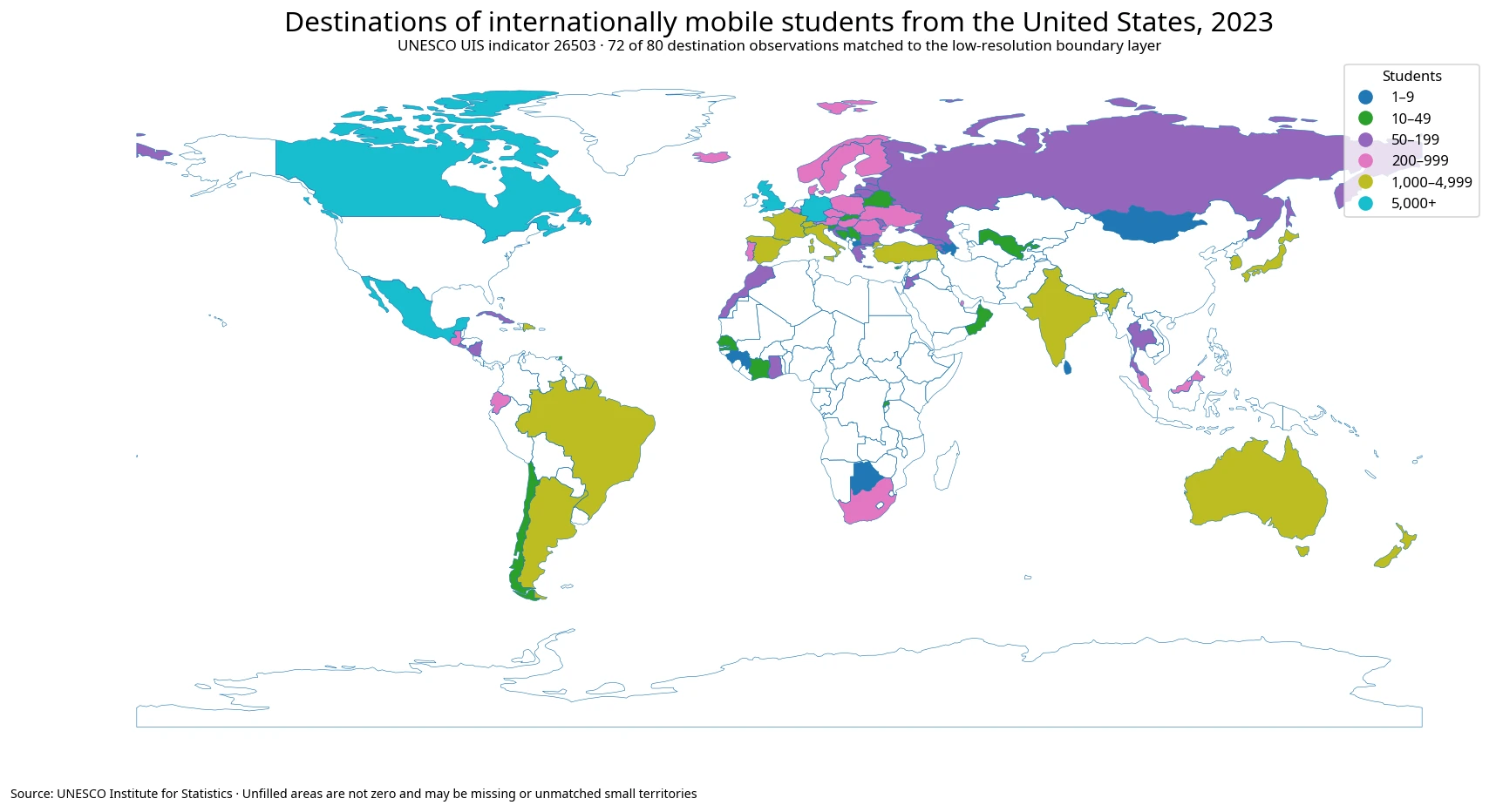 World map of 2023 destinations for internationally mobile tertiary students from the United States