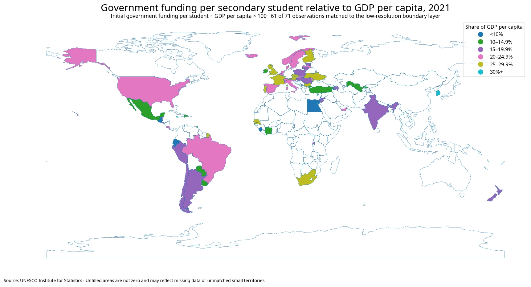 World map of initial government funding per secondary student as a percentage of GDP per capita in 2021