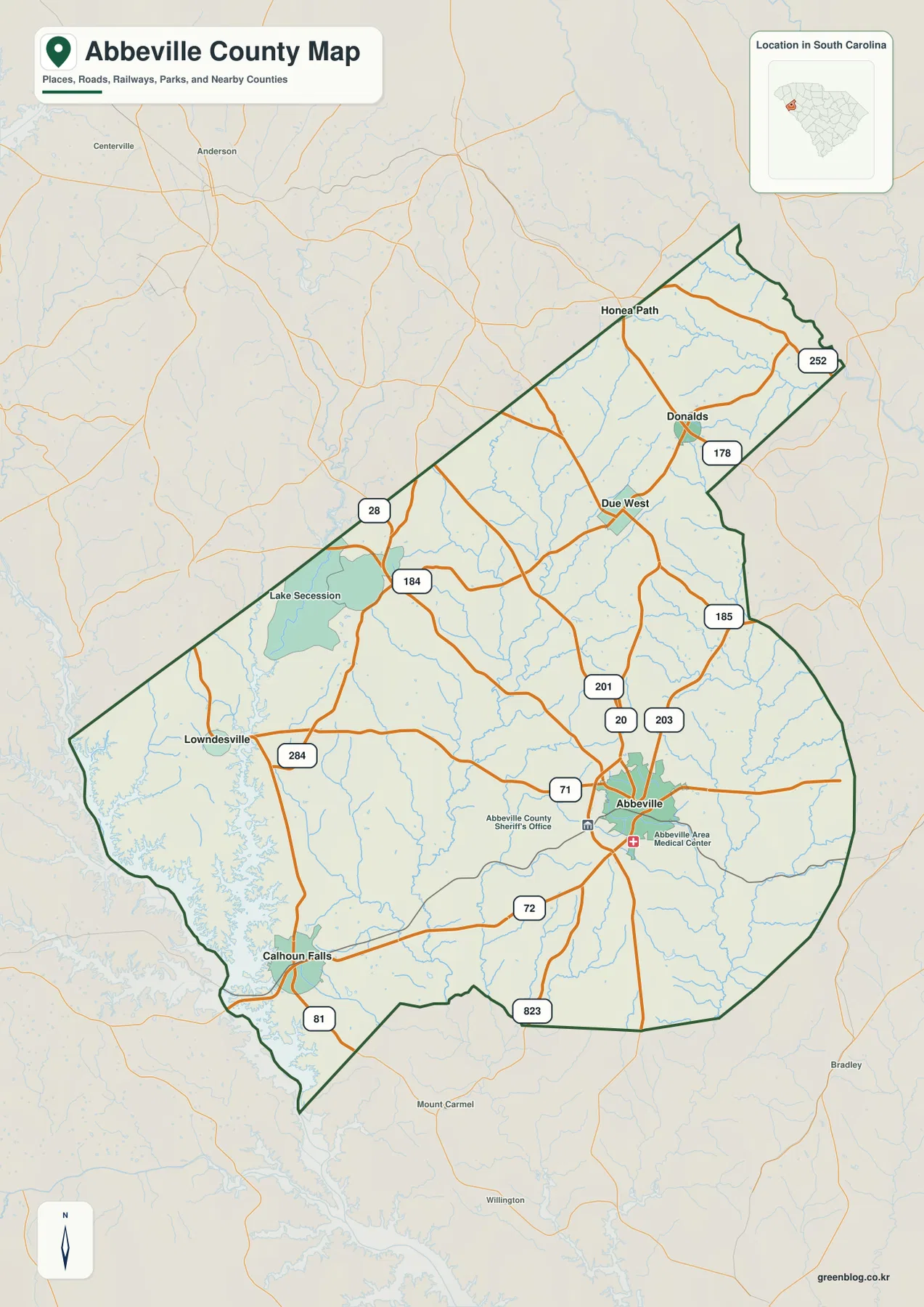 Abbeville County map with Abbeville, Calhoun Falls, Due West, Donalds, roads, Lake Secession, and the county boundary