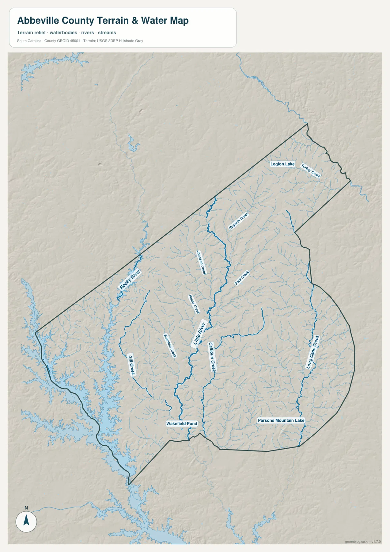 Abbeville County terrain and water map with Little River, Rocky River, Long Cane Creek, Legion Lake, Wakefield Pond, and tributaries