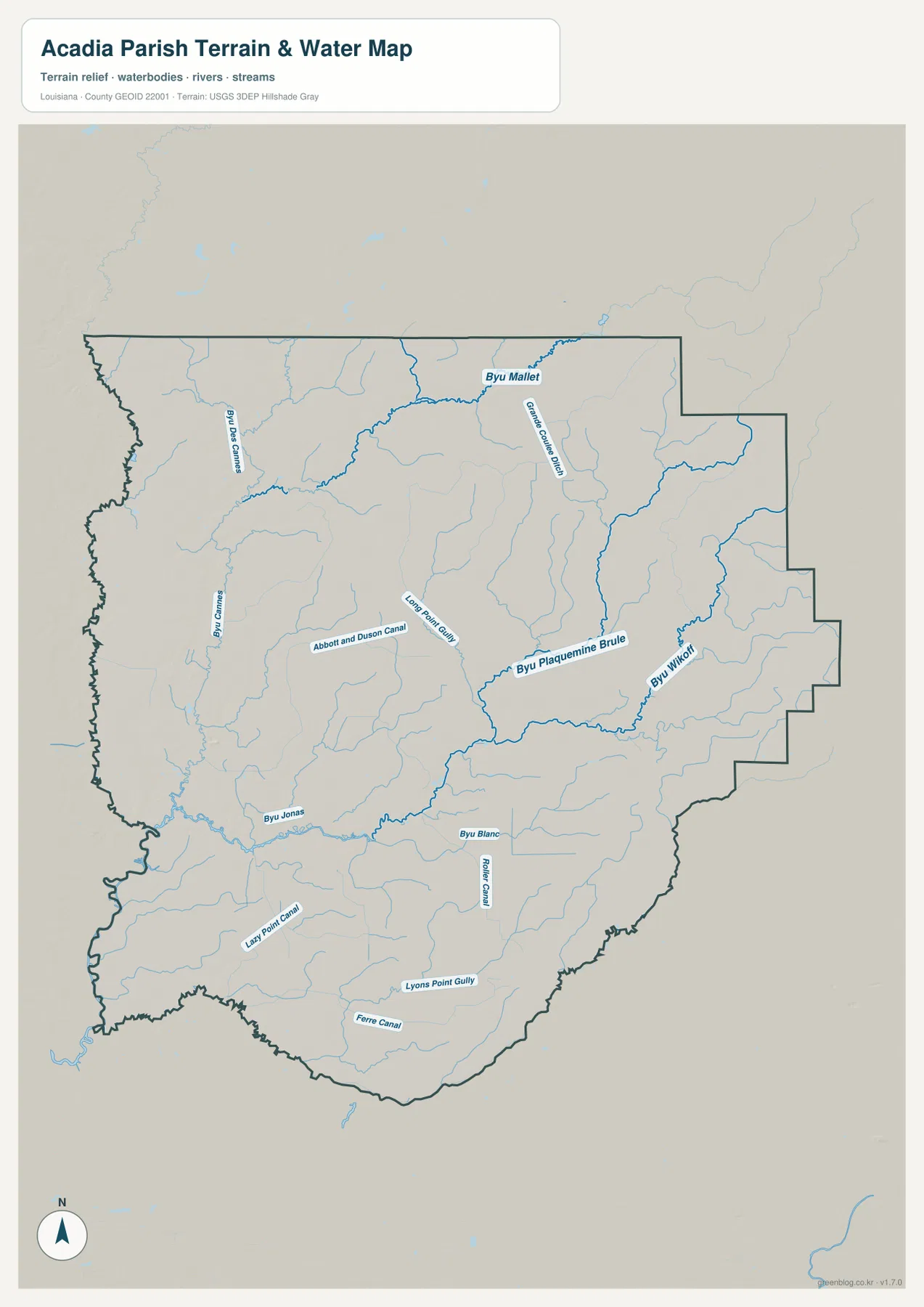Acadia Parish의 Bayou Plaquemine Brule, Bayou Wikoff, Bayou Mallet, Bayou des Cannes, Bayou Jonas, Bayou Blanc, Grande Coulee Ditch, Abbott and Duson Canal, Roller Canal 등을 표시한 수역·지형 지도