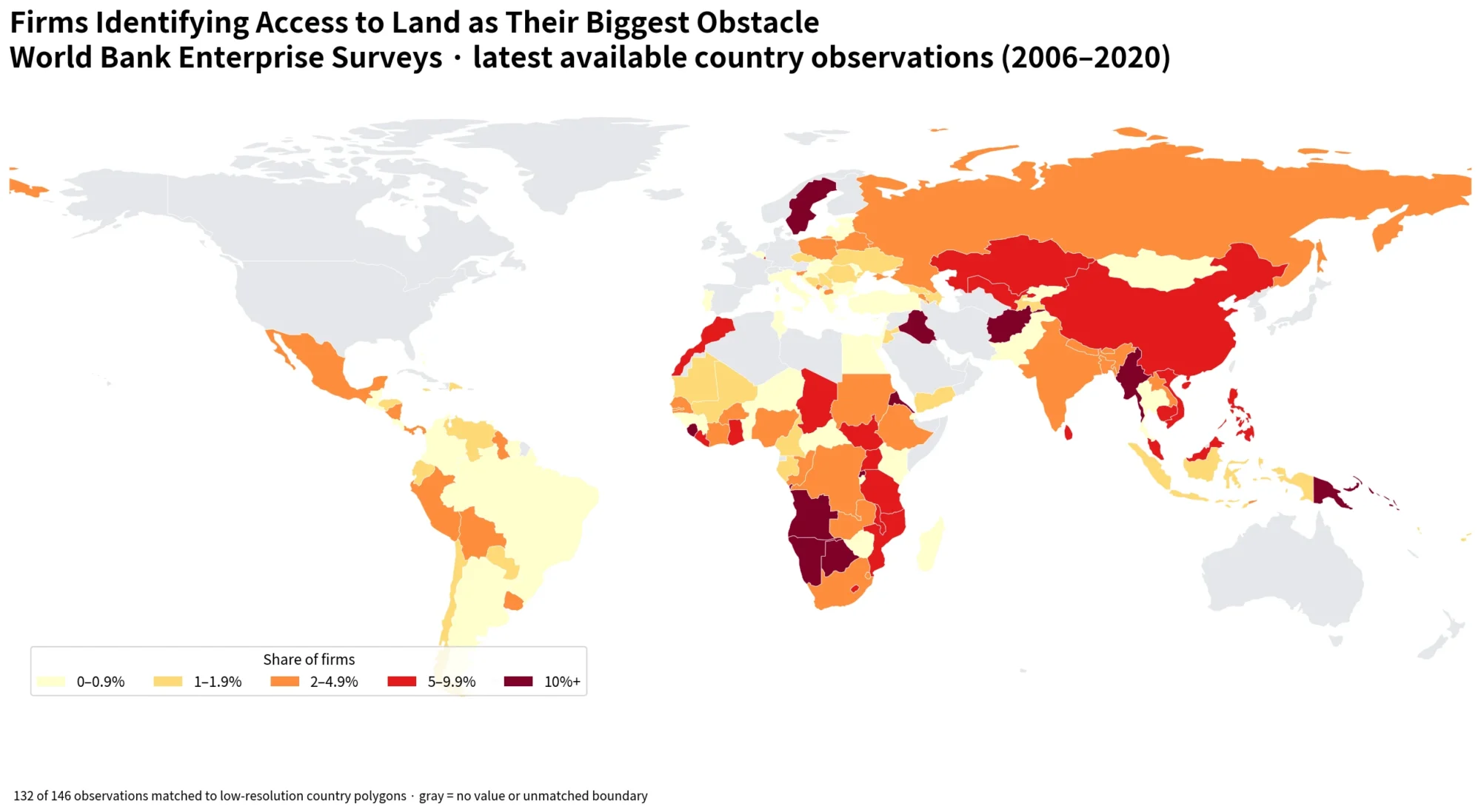 World map of the share of firms identifying access to land as their biggest obstacle
