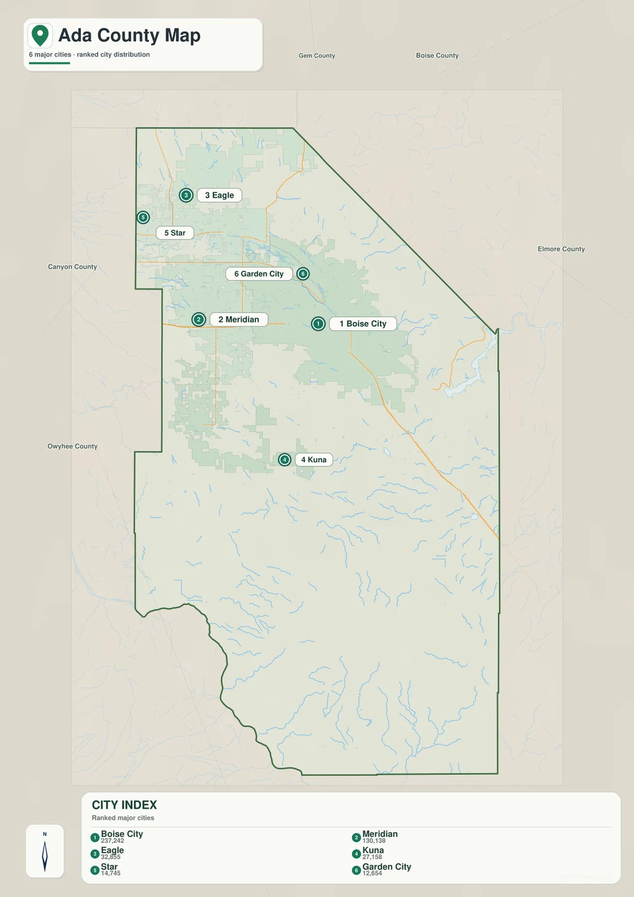 에이다 카운티 도시 지도에 표시된 Boise City, Meridian, Eagle, Kuna, Star, Garden City