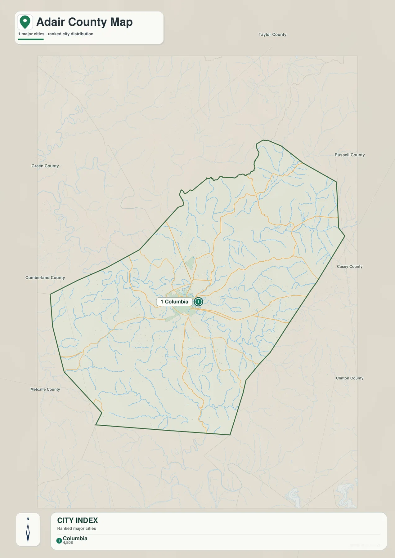 Adair County Kentucky city map showing Columbia as the ranked city