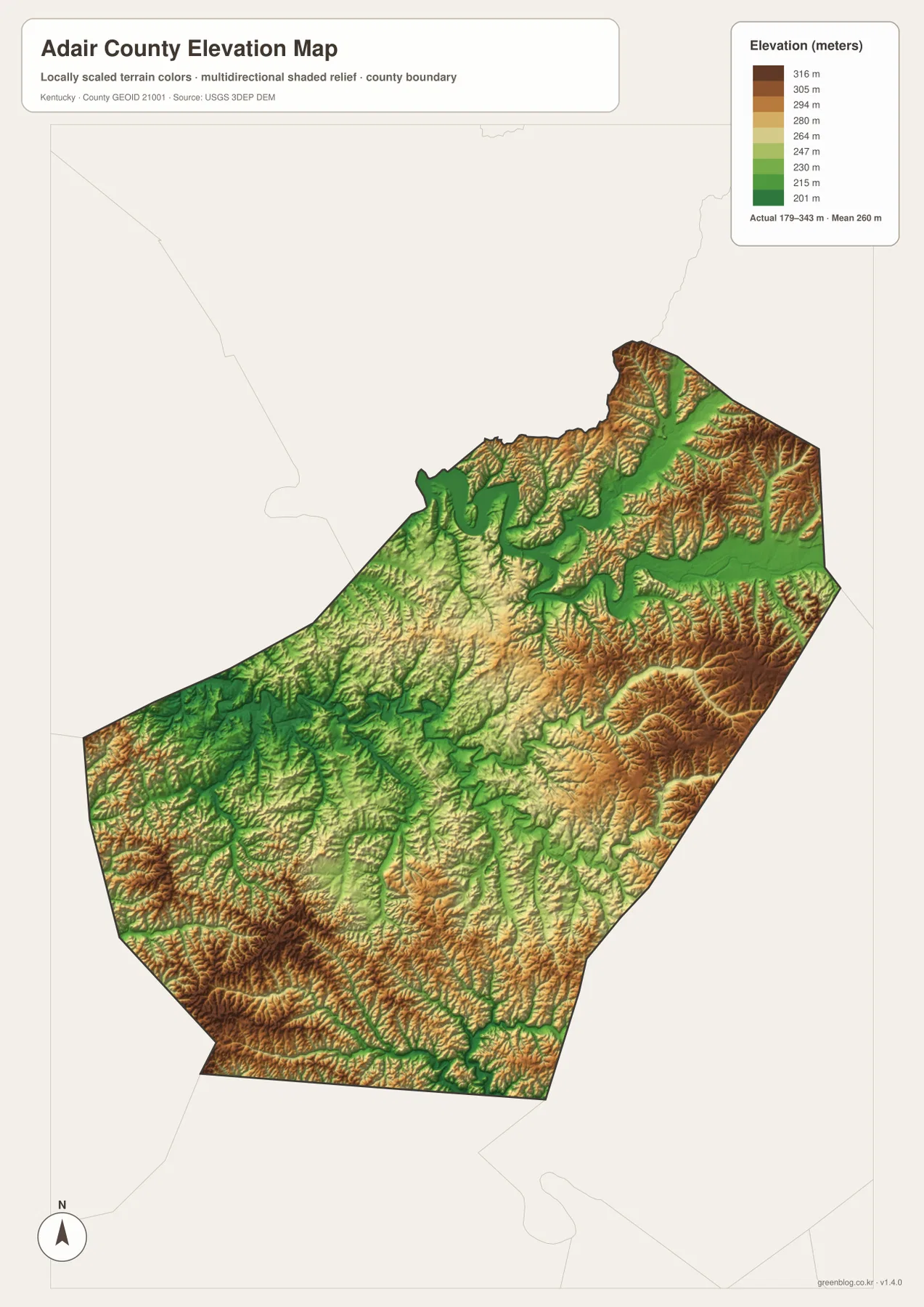 Adair County Kentucky elevation map showing 179 to 343 meter relief, Green River lowlands and higher eastern and southern hills