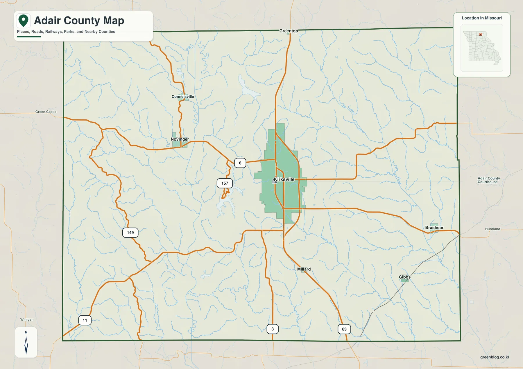 Kirksville, Novinger, Brashear, Millard, Gibbs와 U.S. 63·Missouri Route 6이 표시된 미주리주 Adair County 지도