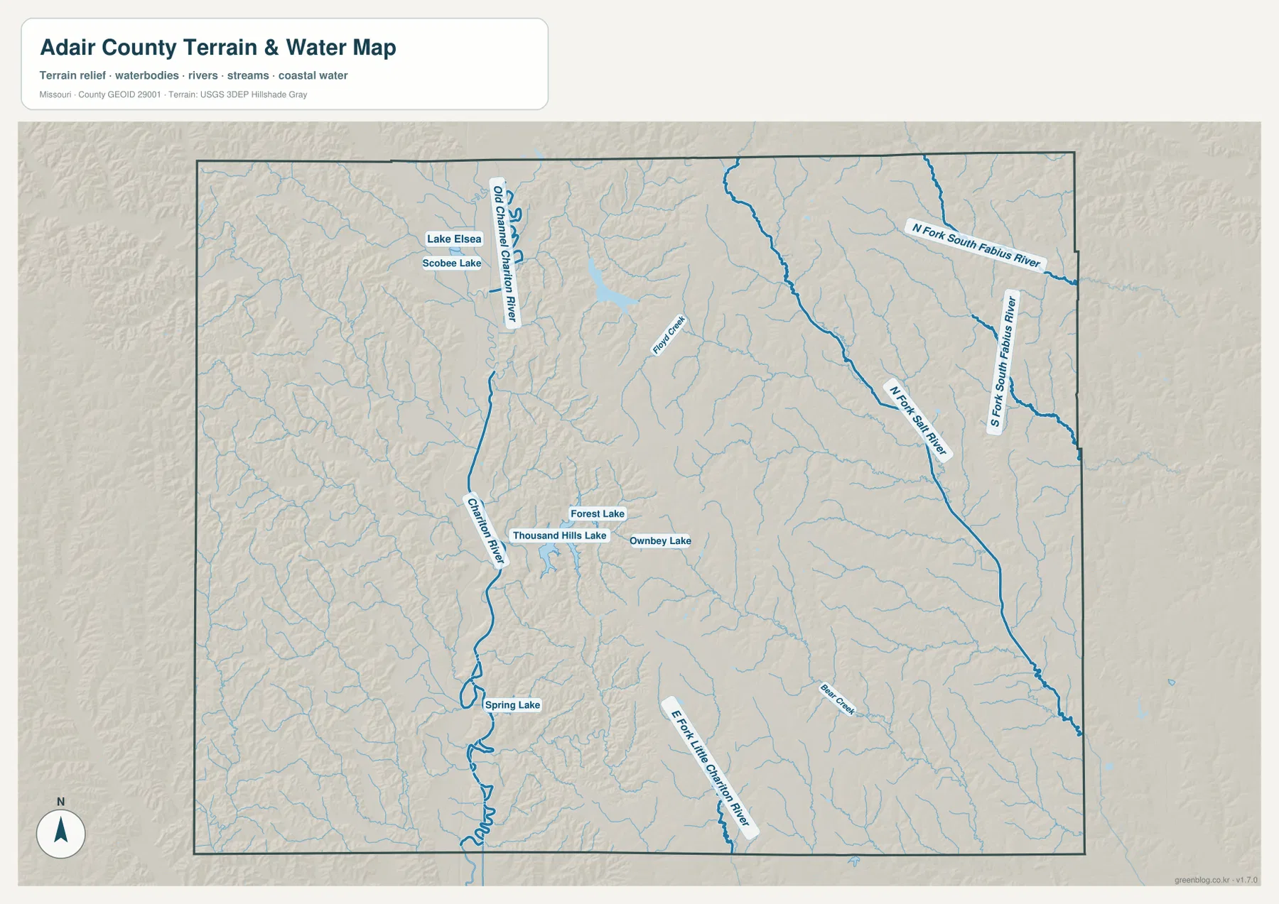 Chariton River, South Fabius River 지류, Forest Lake, Thousand Hills Lake, Spring Lake가 표시된 Adair County 수역 지도