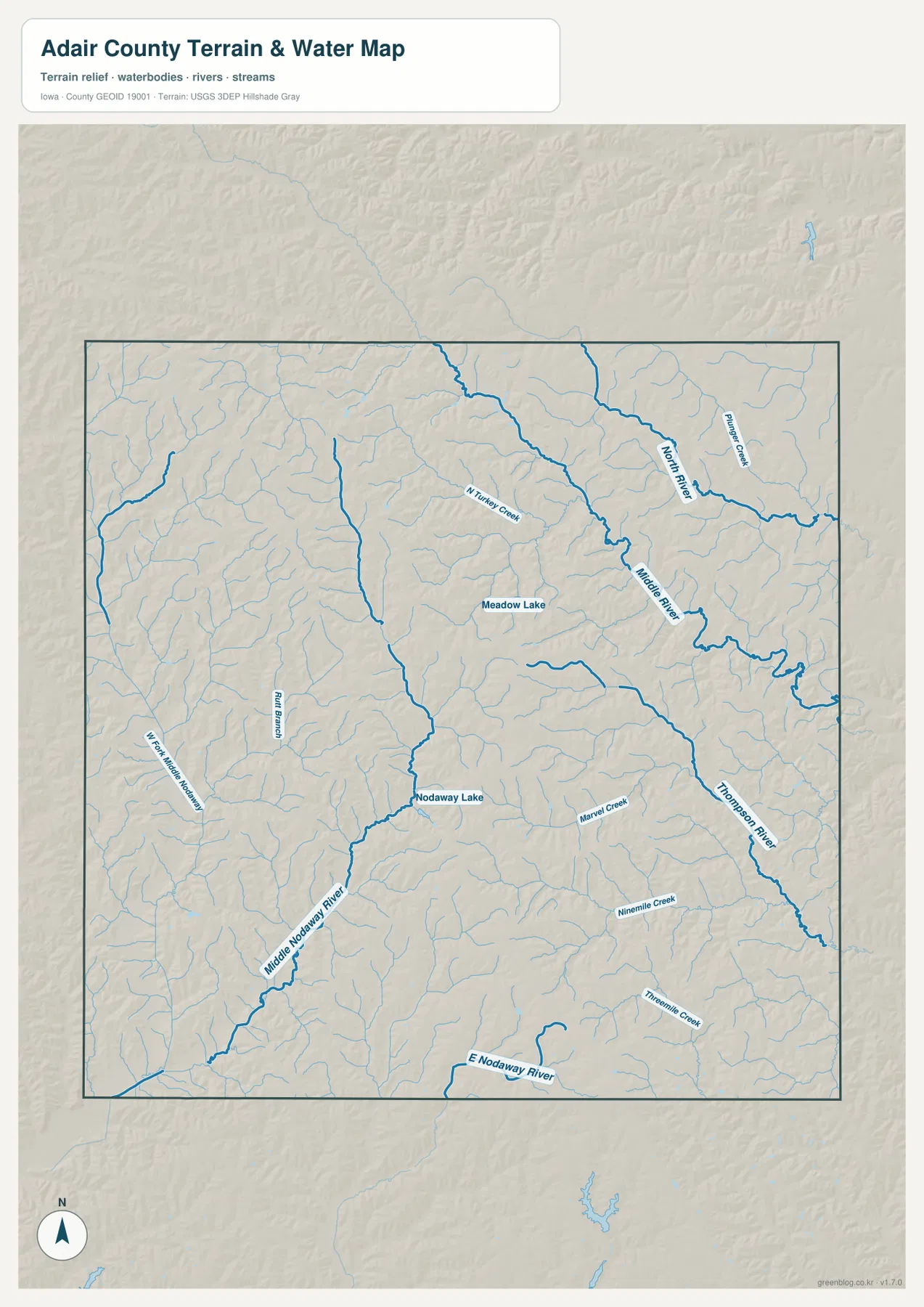 North River, Middle River, Thompson River와 Middle·East Nodaway River를 보여 주는 Adair County 수역 및 지형 지도