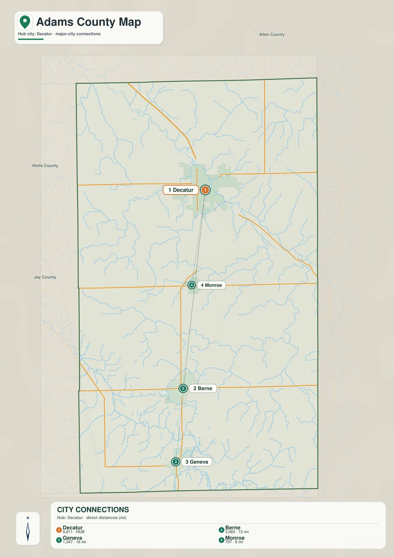 Adams County Indiana city connections map from Decatur to Monroe, Berne, and Geneva