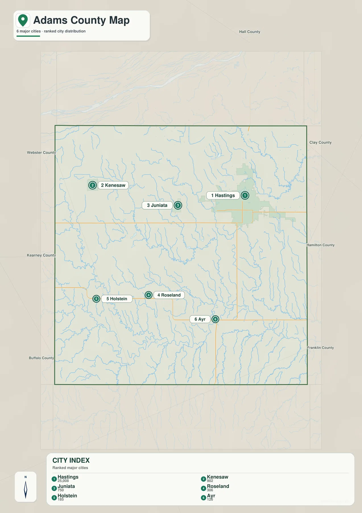 Hastings, Kenesaw, Juniata, Roseland, Holstein, Ayr의 순위를 표시한 Adams County 도시 지도
