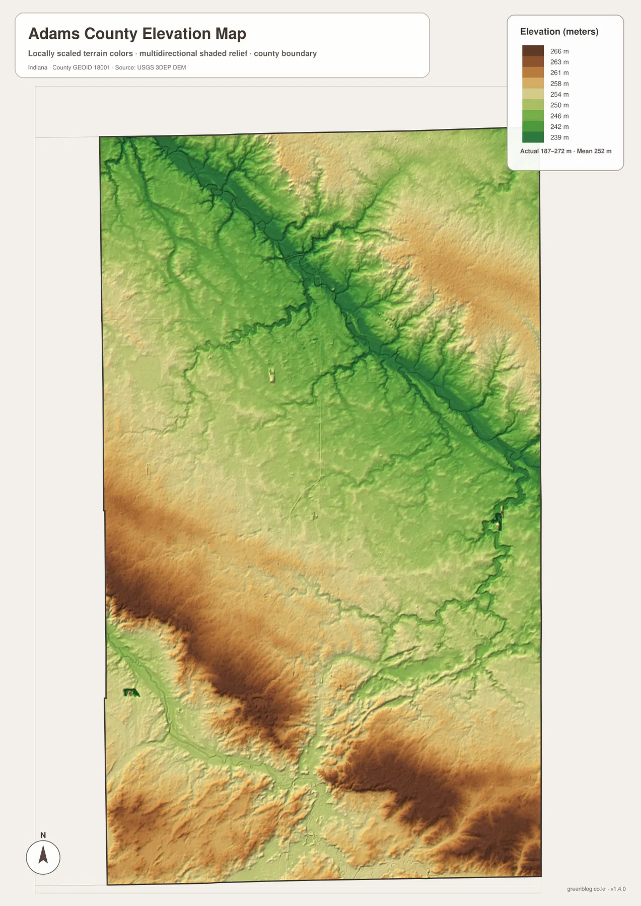 Adams County Indiana elevation map showing 187 to 272 meter terrain and river valleys