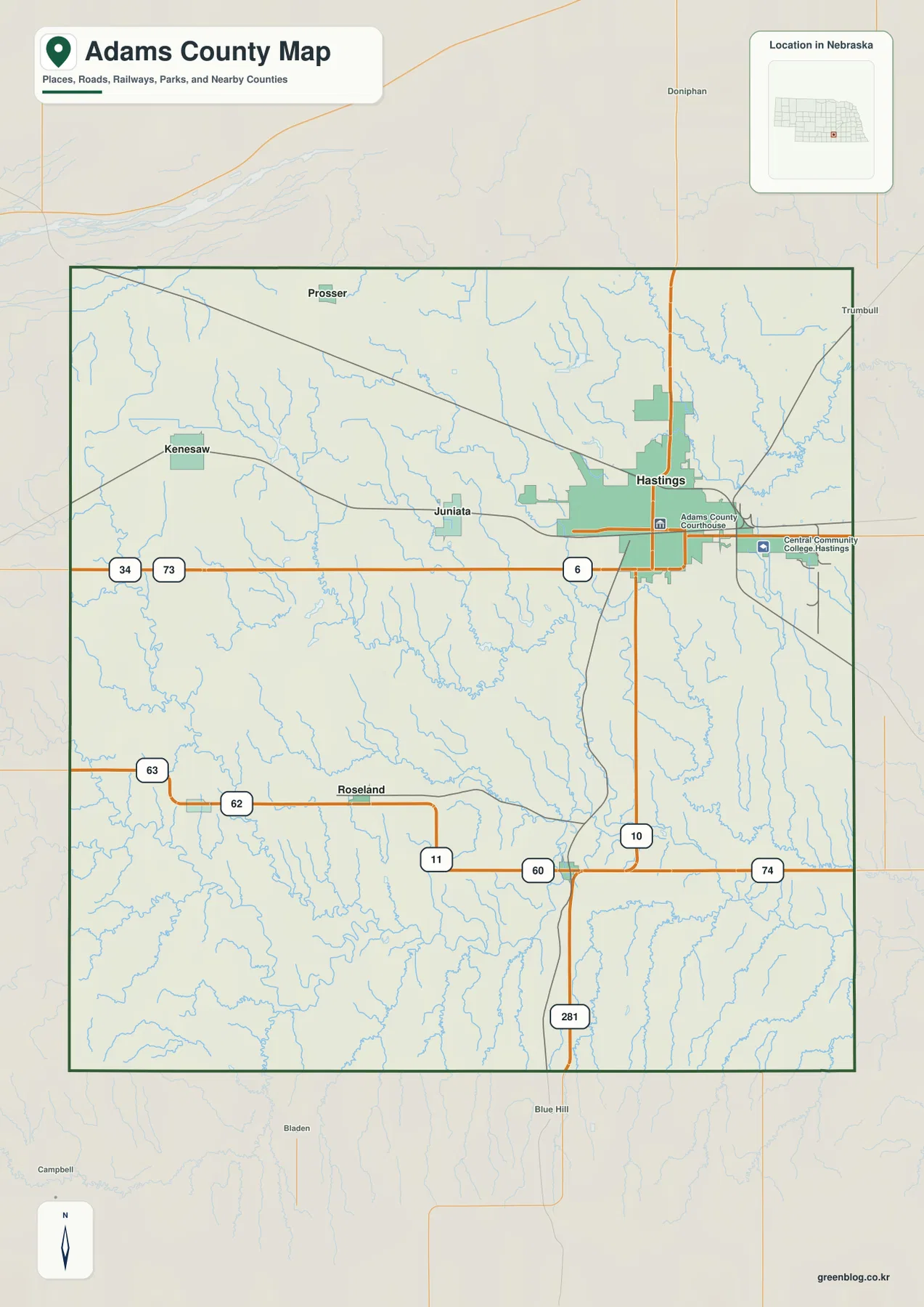 Hastings, Juniata, Kenesaw와 주요 도로를 보여 주는 네브래스카주 Adams County 지도