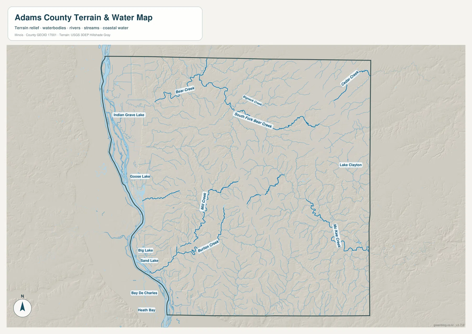 Mississippi River, Bear Creek, South Fork Bear Creek, Mill Creek, Burton Creek, McKee Creek와 강변 호수를 보여 주는 애덤스 카운티 수역 지형 지도