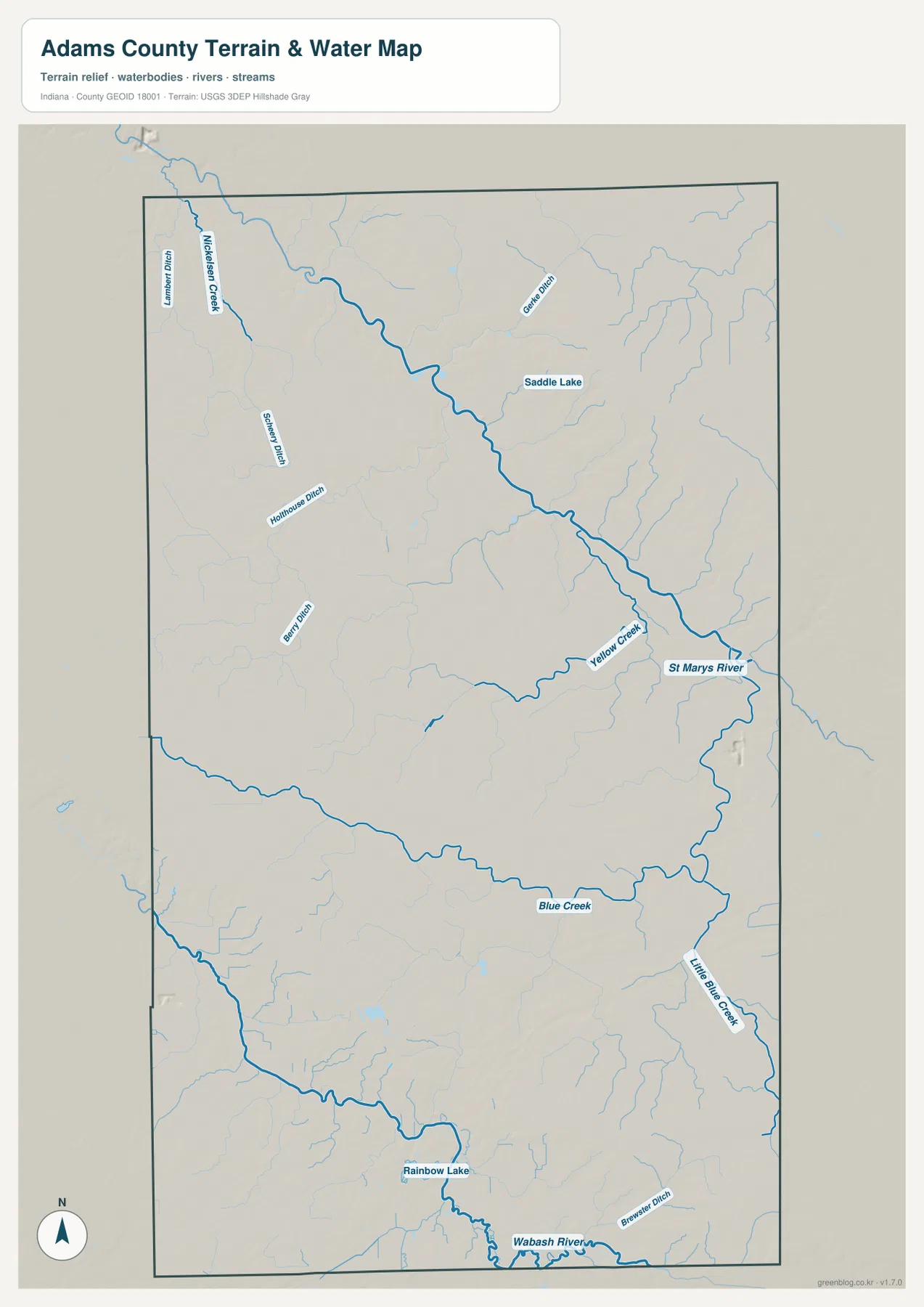 Adams County Indiana water map with St. Marys River, Yellow Creek, Blue Creek, Wabash River, Saddle Lake, and Rainbow Lake