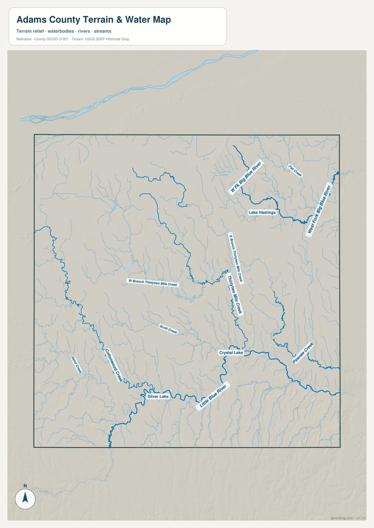 West Fork Big Blue River, Little Blue River, Thirtytwo Mile Creek와 Lake Hastings를 보여 주는 Adams County 수역 지도