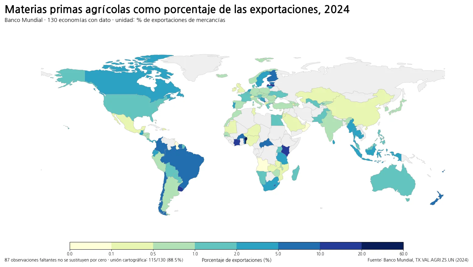 Mapa mundial del porcentaje de materias primas agrícolas dentro de las exportaciones de mercancías en 2024
