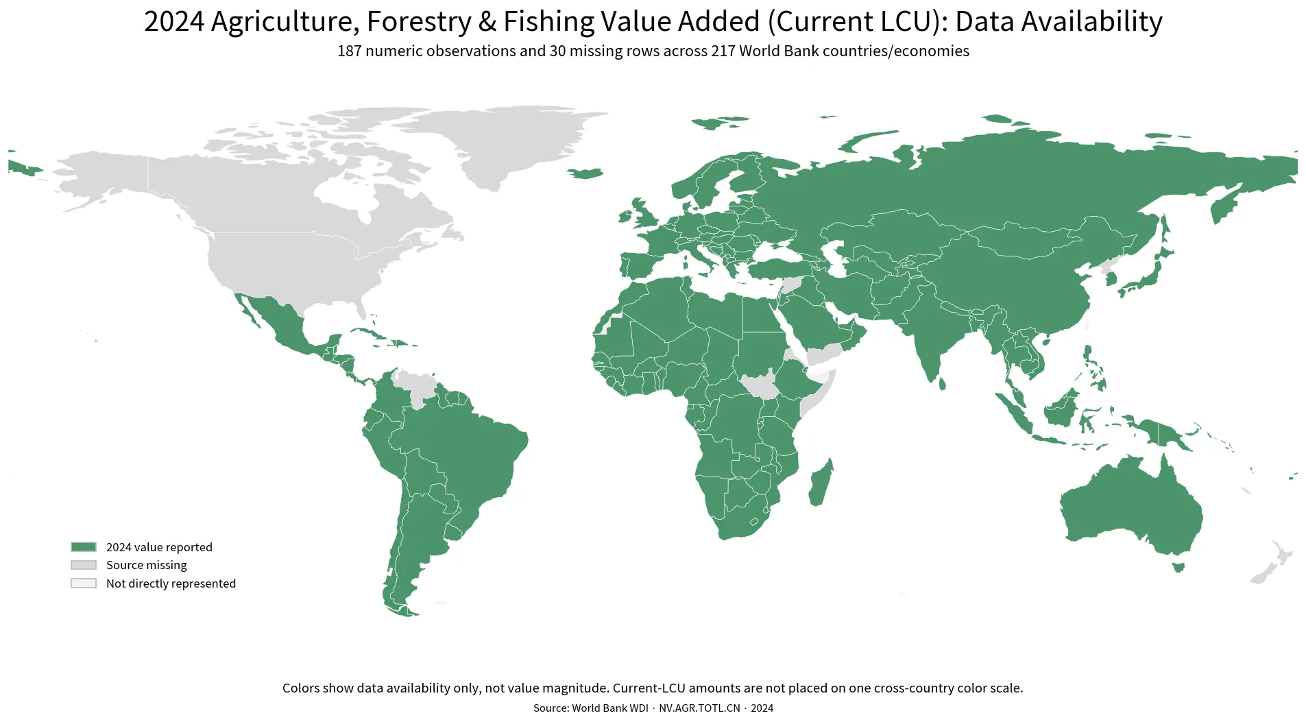 World map showing 2024 data availability for agriculture forestry and fishing value added in current LCU