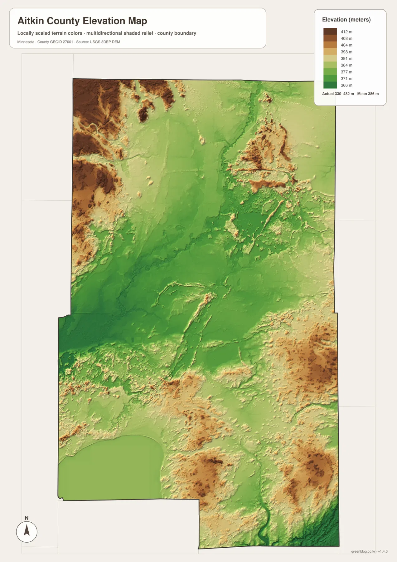 Aitkin County elevation map showing the 330–482 meter range, central lowlands, northwestern high ground, eastern ridges, and southeastern valleys