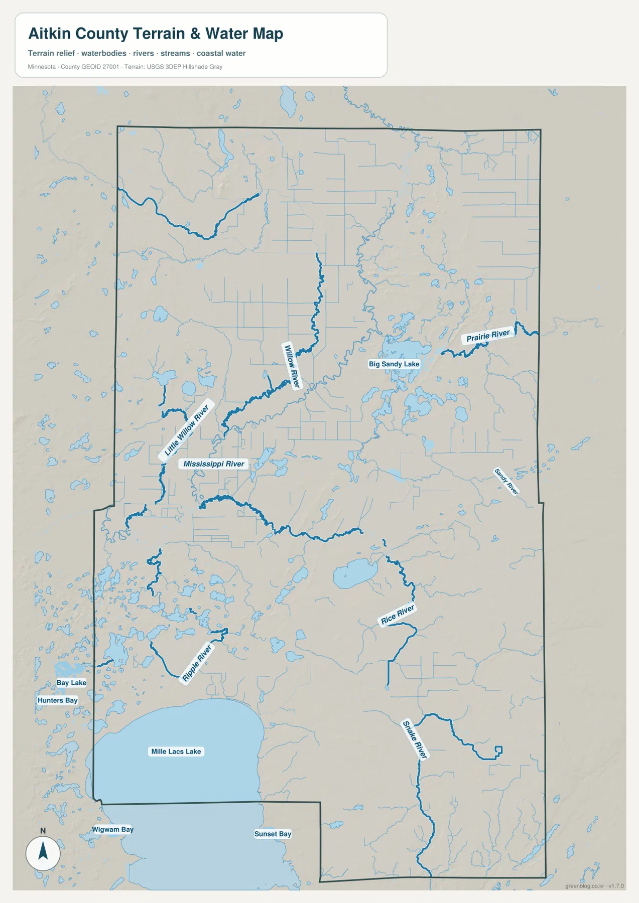 Aitkin County water map showing the Mississippi River, Willow River, Big Sandy Lake, Prairie River, Mille Lacs Lake, Rice River, and other waterways