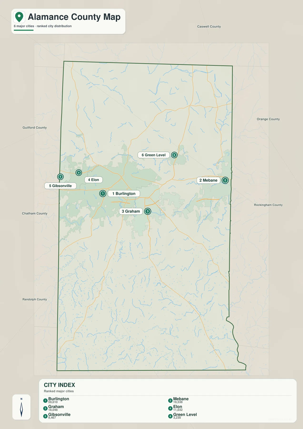 Alamance County city map showing Burlington Mebane Graham Elon Gibsonville and Green Level