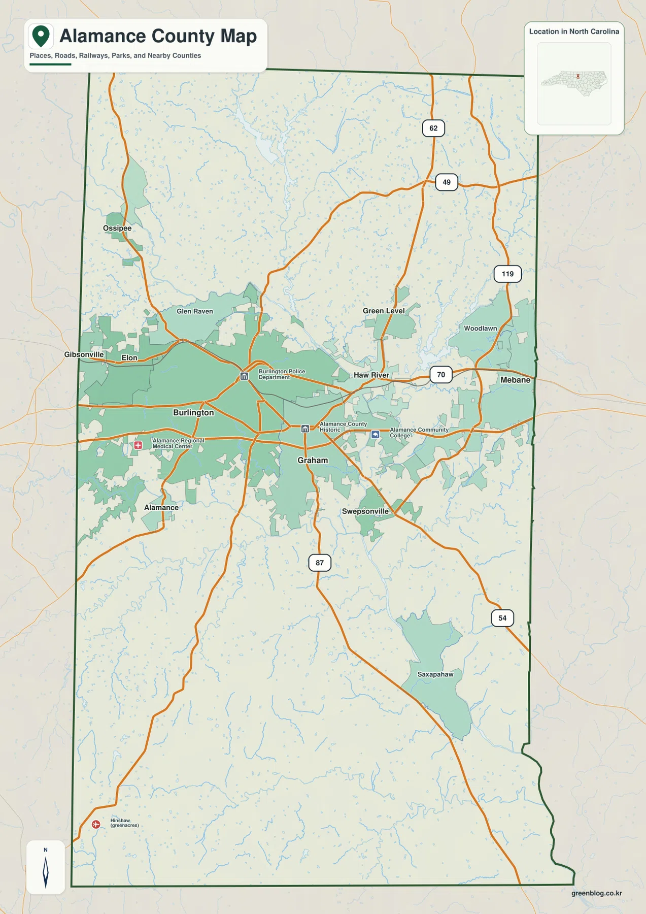 Alamance County North Carolina map with Burlington Graham US 70 and state highways