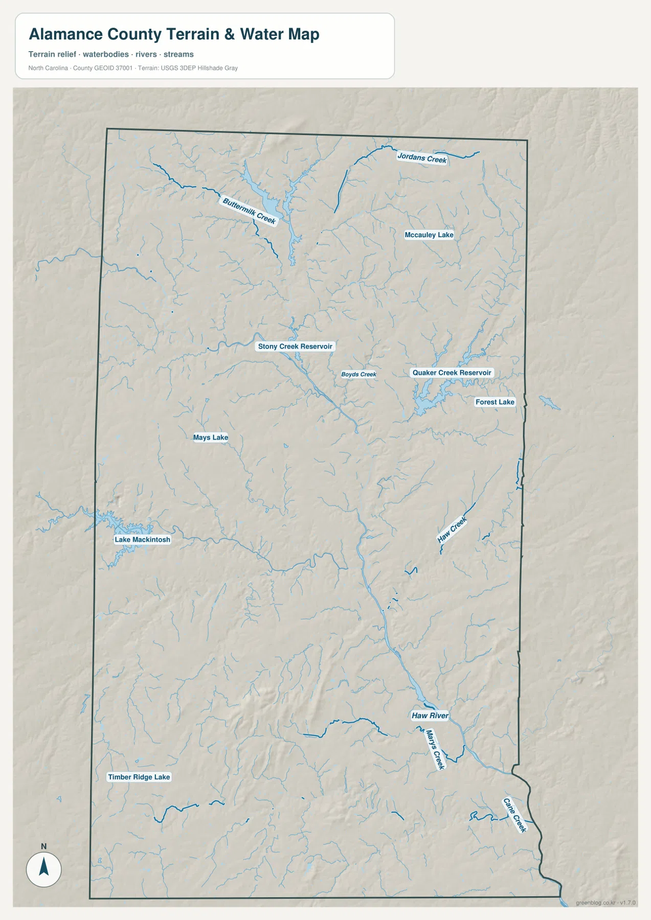 Alamance County terrain and water map Haw River Lake Mackintosh Stony Creek Reservoir Quaker Creek Reservoir