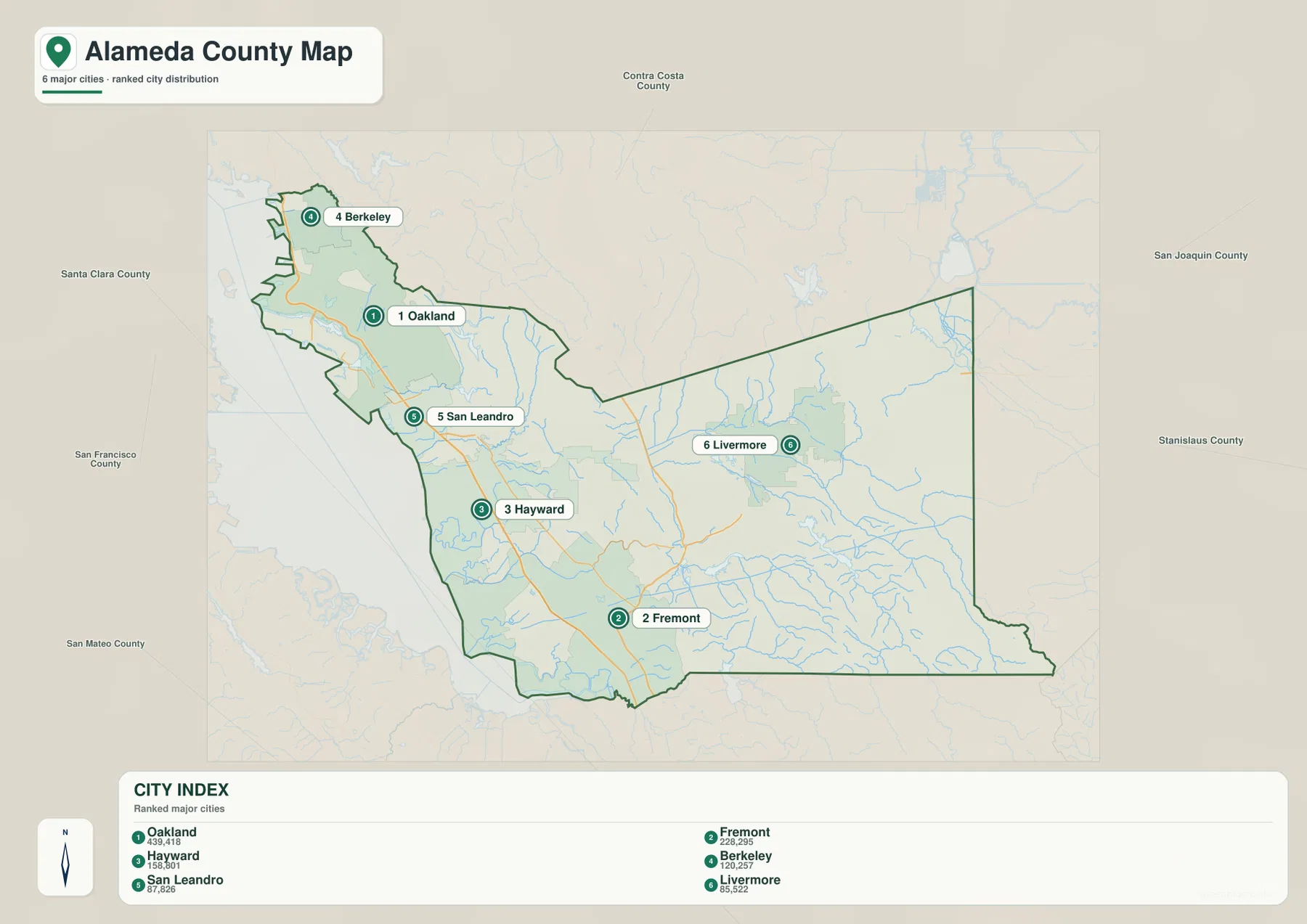 Alameda County city map showing Oakland, Fremont, Hayward, Berkeley, San Leandro, and Livermore