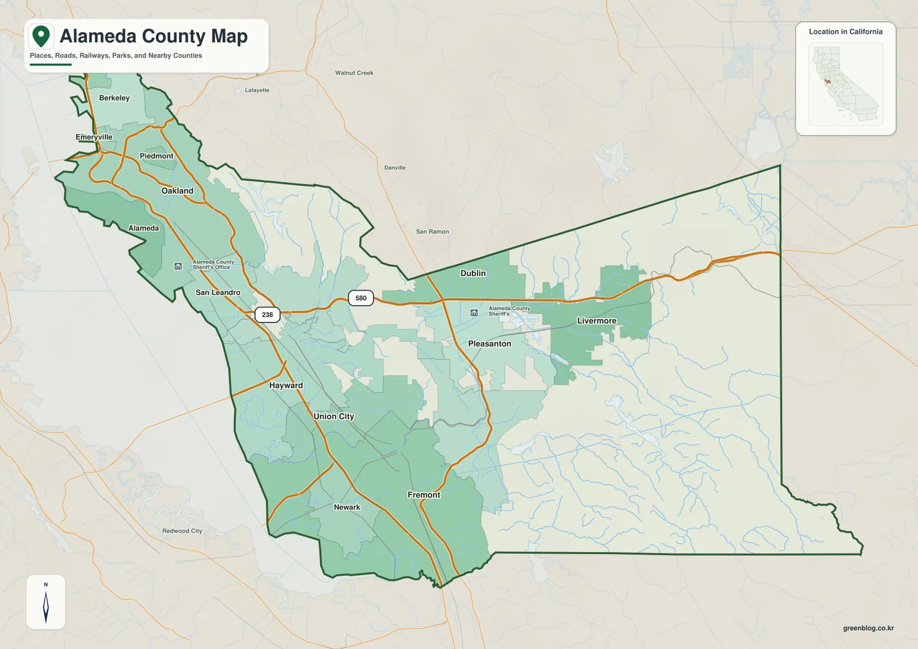 Alameda County California reference map showing Berkeley, Oakland, Alameda, San Leandro, Hayward, Fremont, Dublin, Pleasanton, Livermore, roads, waterways, and county boundary