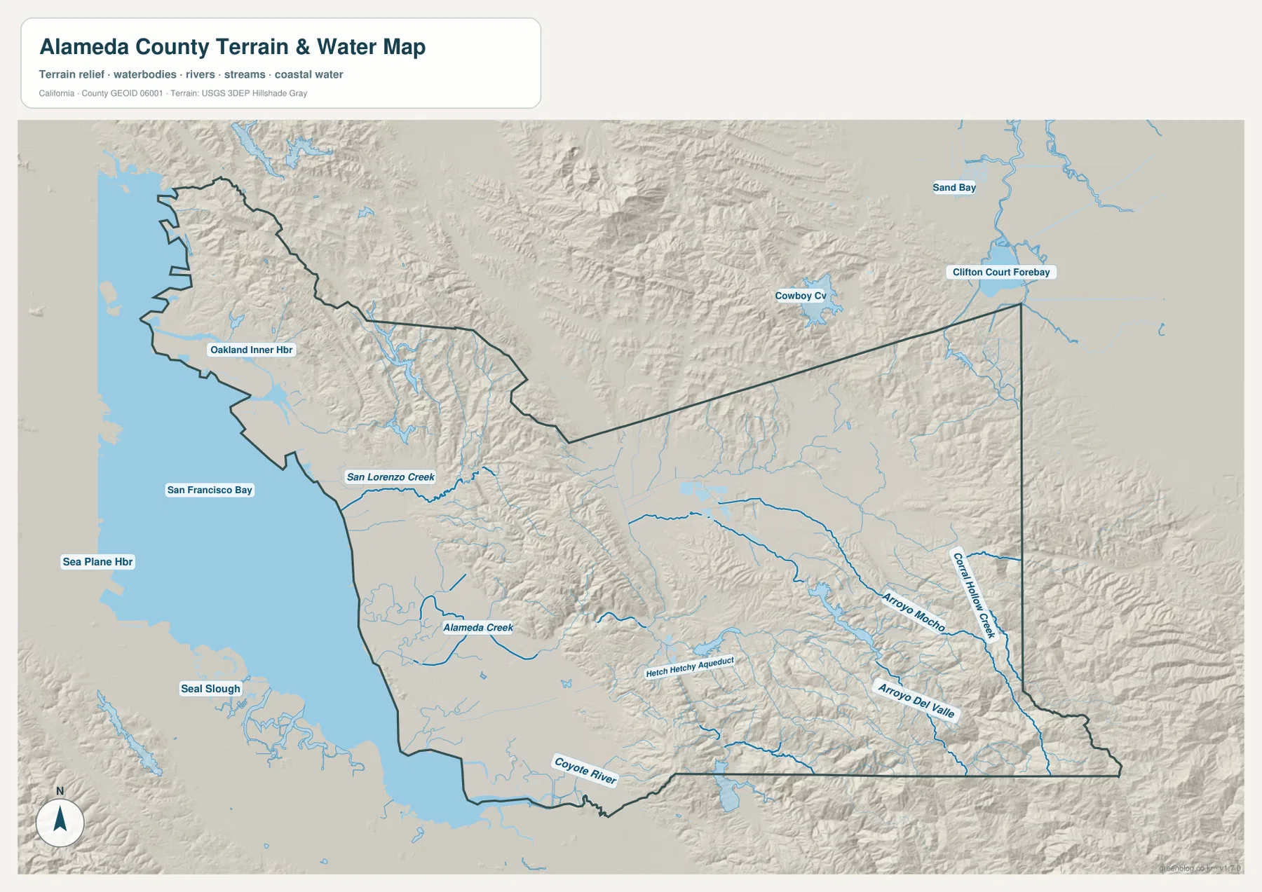 Alameda County terrain and water map showing San Francisco Bay, Oakland Inner Harbor, Alameda Creek, San Lorenzo Creek, Arroyo Mocho, Arroyo Del Valle, and eastern hills