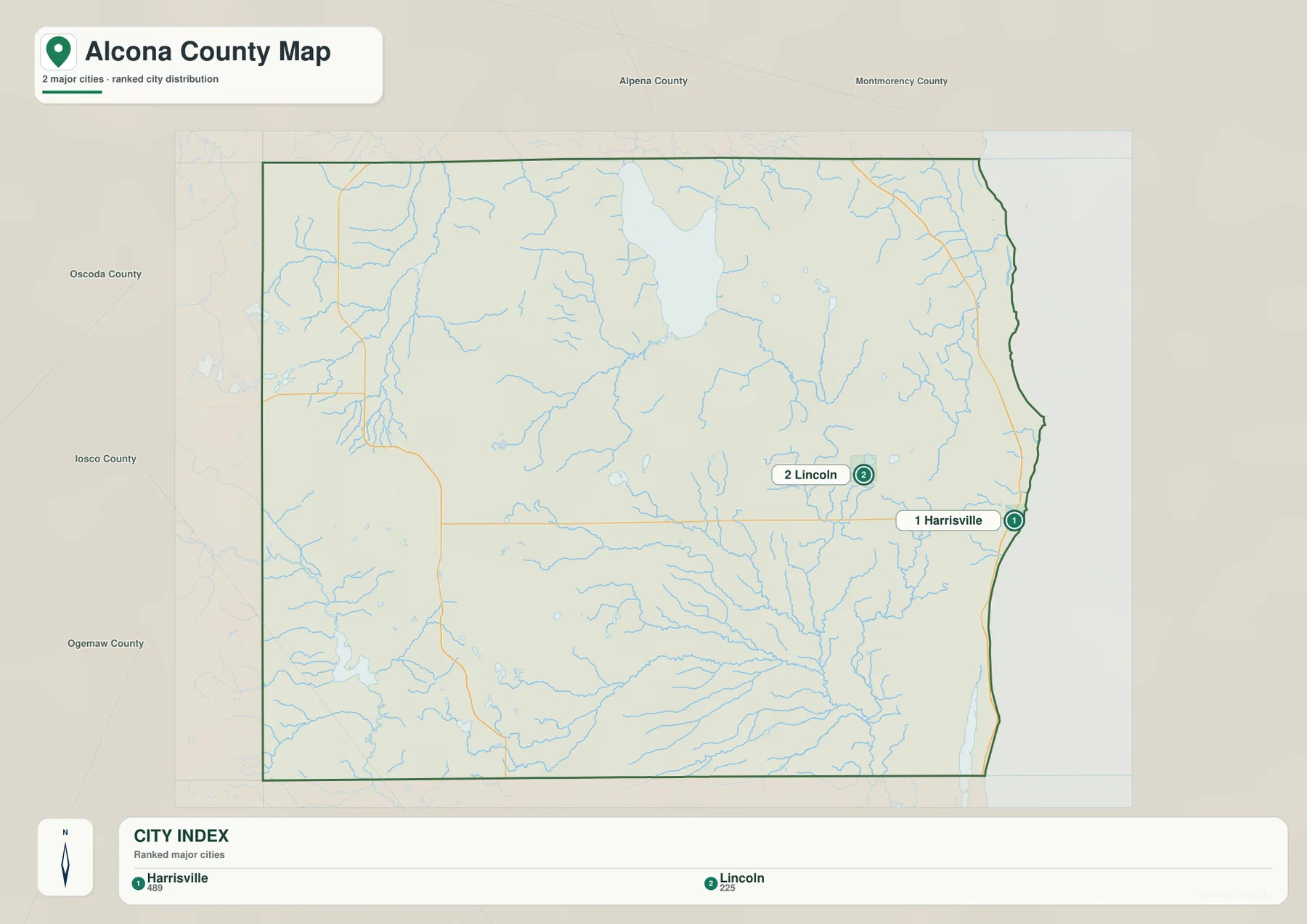 Harrisville과 Lincoln을 순위 지점으로 표시한 Alcona County Michigan 주요 도시 분포 지도
