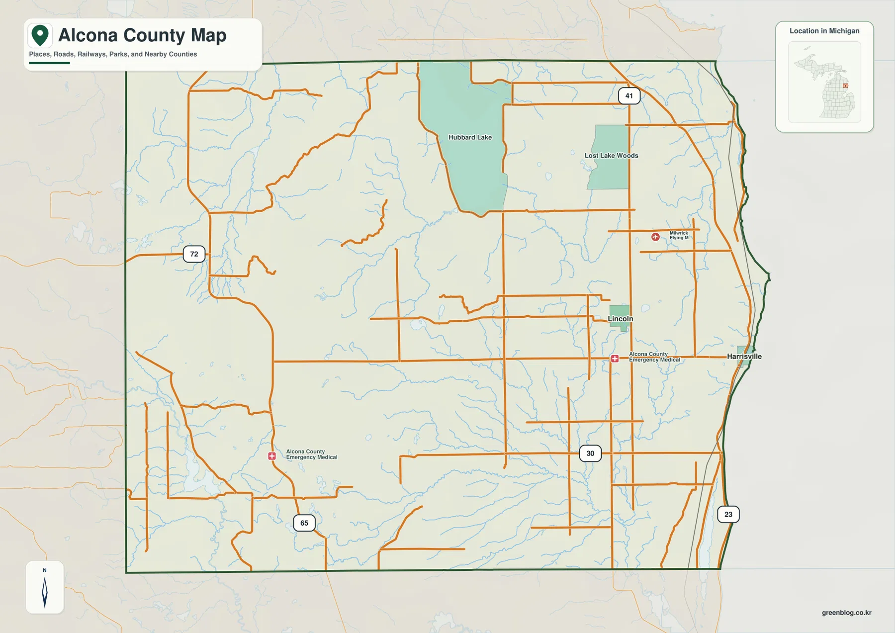 Harrisville, Lincoln, Hubbard Lake와 US-23, M-72, M-65, M-30, M-41이 표시된 Alcona County Michigan 지도
