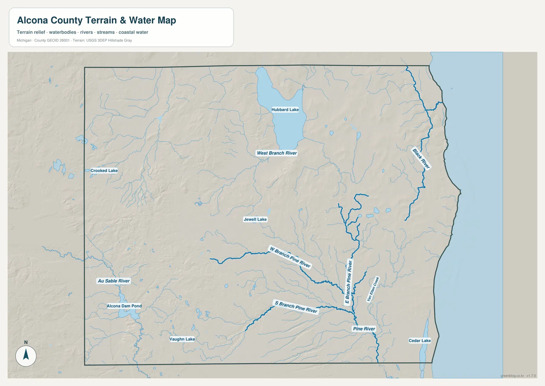 Hubbard Lake, Black River, Pine River와 여러 지류, Au Sable River, Alcona Dam Pond가 표시된 Alcona County 지형 수역 지도